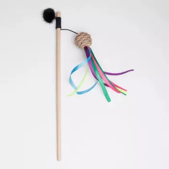 Pet hobby Игрушка-дразнилка из джута для кошек Шарик с лентами, игрушка 15х3х3 см, палка 50 см, длина резинки 47 см
