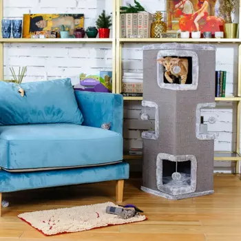 Petmax Дом-когтеточка для кошек KIRSTY с тремя лежанками, серый, 35x35x100 см