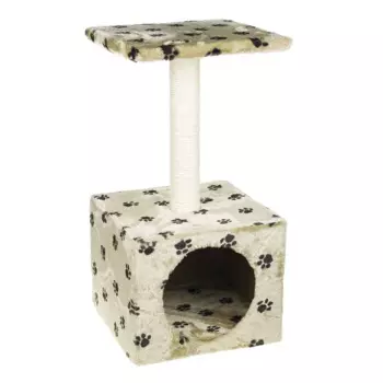 Petmax Дом-когтеточка для кошек Vicenza квадратный с площадкой, серый, рис. Кошачьи лапы, 30х30х55 см