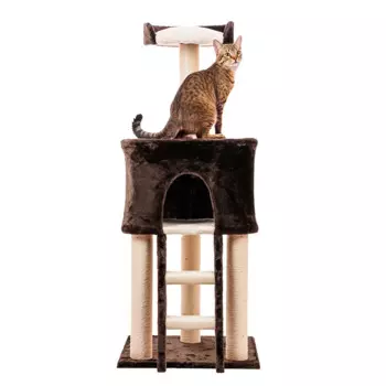 Petmax Игровой комплекс для кошек с домиком и когтеточкой BASTION с лежанкой и игрушкой, серый