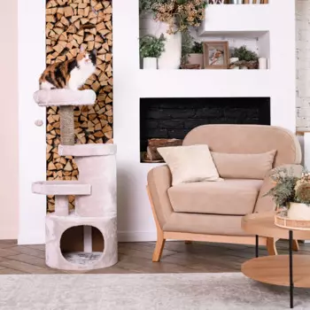 Petmax Игровой комплекс для кошек с домиком и когтеточкой BASTION с лежанкой и игрушкой, серый, 53x41x111см