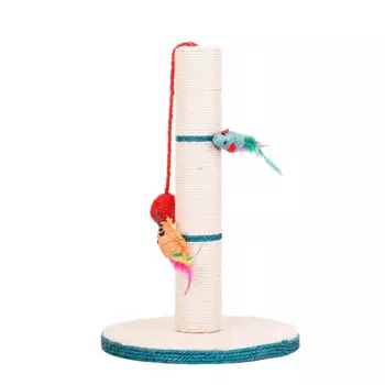 Petmax Когтеточка-столбик для кошек круглая с игрушками-мышками и шариком, белый/голубой, 30х30х46 см