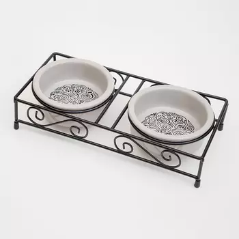 Petmax Набор из 2-х керамических мисок на подставке для кошек и собак, диаметр 12,5 см, серая