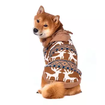 Petmax Свитер для собак бежевый с капюшоном оленьи рога 25см