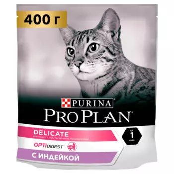 ProPlan Delicate Digestion Сухой корм для взрослых кошек с чувствительным пищеварением, с высоким содержанием индейки, 400 гр.