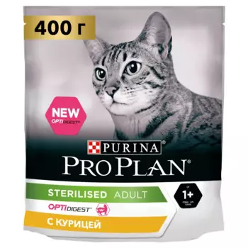 PRO PLAN® Sterilised Сухой корм для взрослых стерилизованных кошек и кастрированных котов с чувствительным пищеварением, с курицей, 400 гр.