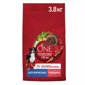 Purina ONE Adult Сухой корм для взрослых собак средних и крупных пород, с говядиной и рисом, 3,8 кг