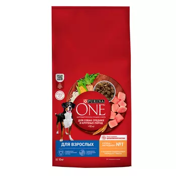 Purina ONE Adult Сухой корм для взрослых собак средних и крупных пород, с курицей и рисом, 10 кг