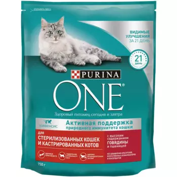 Purina ONE Sterilised Сухой корм для взрослых стерилизованных кошек и кастрированных котов, с говядиной и пшеницей, 750 гр.