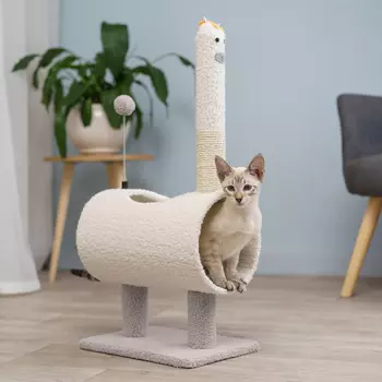 RURRI Когтеточка Альпака (35х23,5х71 см) с туннелем и игрушкой на столбике для кошек, бело-серый