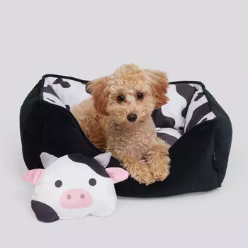 RURRI Лежак с игрушкой для кошек и собак мелких пород Коровка, 54х45х17 см, черный