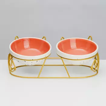 RURRI Миска керамическая двойная на подставке для кошек и собак, 2x300 мл, бело-розовый