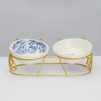 RURRI Миска с ушками керамическая двойная на подставке для кошек и собак, 2x250 мл, бело-голубой