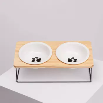 RURRI Набор из 2-х керамических мисок на подставке для кошек и собак, 2 шт. по300 мл, белый
