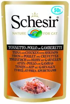 Schesir консервы д/кошек Тунец, цыпленок с креветками, пауч 50г