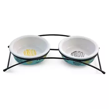 Triol Миска двойная керамическая на подставке для кошек и собак Глазурь, 2 шт. по 120 мл, бирюзовый