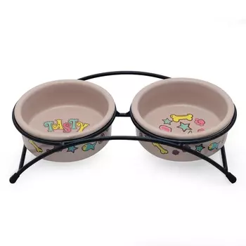 Triol Миска двойная керамическая на подставке для кошек и собак, 2 шт. по 250 мл, бежевый