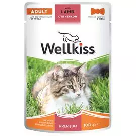Wellkiss Adult влажный корм для взрослых кошек, с ягненком в желе, 100 г