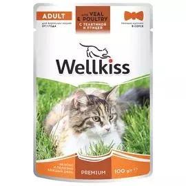Wellkiss Adult Влажный корм (пауч) для взрослых кошек, с телятиной и птицей в соусе, 100 гр.