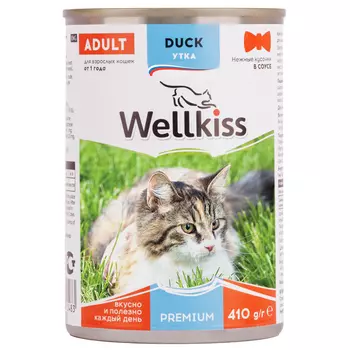 Wellkiss Влажный корм (консервы) для кошек, нежные кусочки с уткой в соусе, 410 гр.