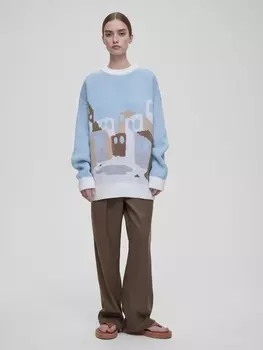 Джемпер свободного кроя с жаккардом дома, голубой