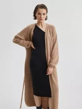 Кардиган удлиненный с поясом, бежевый меланж