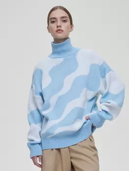 Свитер свободного кроя с волнами, бело-голубой