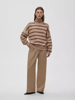 Свитер свободного кроя в полоску, бежево-кофейный