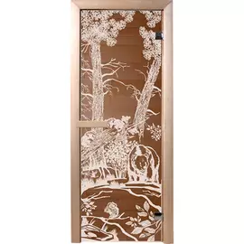 Дверь из стекла Мишки1,9х0,7 м бронза 6мм, коробка хвоя,2 петли,в гофрокоробе "Банные штучки" /1