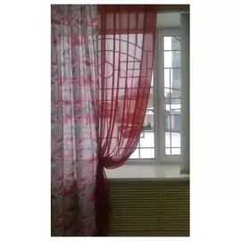 Комплект штор Пион тюль-шелк имитация+тюль вуаль однотонная 1,5*2,7м на тесьме Розовый-Фисташка/Крас
