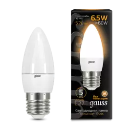 лампа светодиодная gauss 103102107 е27 свеча 6.5вт 3000к