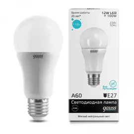 лампа светодиодная gauss led elementary a60 12w e27 1150lm 4100k