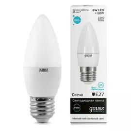 лампа светодиодная gauss led elementary свеча 6w e27 450lm 4100k