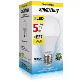 лампа светодиодная smartbuy led sbl-a60-05-30k-e27-a е27 груша 5вт 3000к