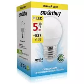 лампа светодиодная smartbuy led sbl-g45-05-30k-e27 е27 шар 5вт 3000к