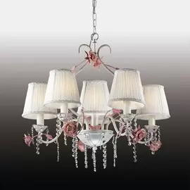 люстра 2685/6 odl15 238 бел/абажур ткань/хрусталь/керам.розов.розы e14 6*60w 220v padma