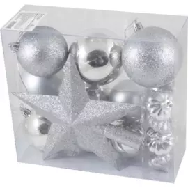 набор шары и звезда 18шт пластик серебряный