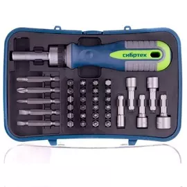 Отвертка реверсивная с набором бит и торцевыми головками, 35 шт., CrV, Сибртех