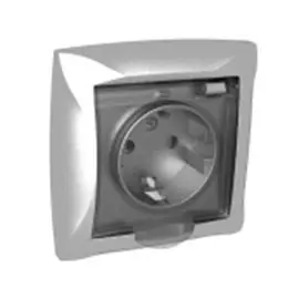 Розетка 1-ая Lexel Дуэт с/з с защитными шторками с крышкой, IP44 серебро SE WDE000348
