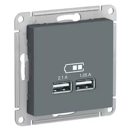 розетка usb se atlasdesign скрытая с заземлением, без рамки, с 2 usb портами, грифель, atn000733