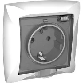 SE Дуэт Бел Розетка с/з с защитными шторками с крышкой IP44, в сборе с рамкой