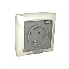 SE Дуэт Беж Розетка с/з с защитными шторками с крышкой IP44, в сборе с рамкой