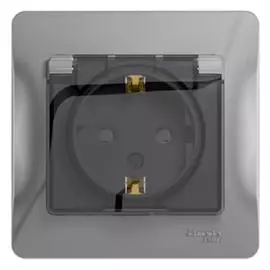 SE Glossa Алюминий Розетка с заземлением со шторками с крышкой, IP44 (в сборе с рамкой)