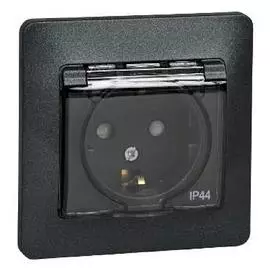 SE Glossa Антрацит Розетка с заземлением со шторками с крышкой, 16А, IP44, в сборе