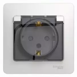 SE Glossa Бел Розетка с заземлением со шторками с крышкой, IP44 (в сборе с рамкой)