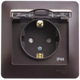 SE Glossa Шоколад Розетка с заземлением со шторками с крышкой, 16А, IP44, в сборе