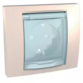 SE Unica Беж Розетка 1-ая с/з, IP44 с прозрачной крышкой и рамкой (моноблок)