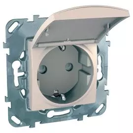 SE Unica Беж Розетка 1-ая с/з, с крышкой и защитными шторками, винт.зажим