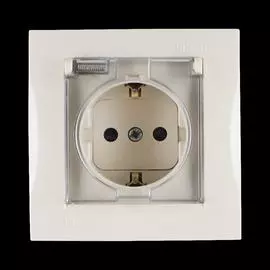 Simon 15 Бежевый Розетка 1-я с/з с крышкой с защитными шторками, IP44 (в сборе с рамкой)