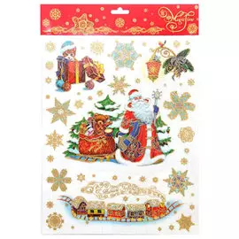 Украшение на окно ДЕД МОРОЗ И МЕДВЕЖОНОК 30*38см ПВХ пленка, декорировано глиттером 38621